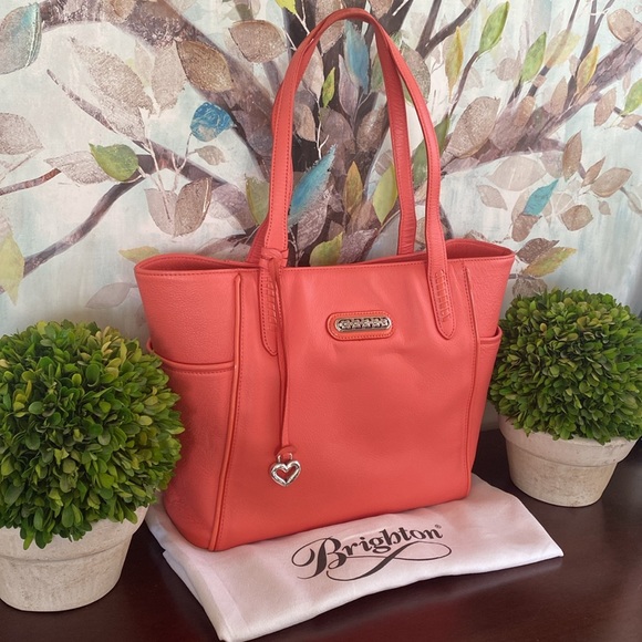 BRIGHTON “PAULINA” CORAL MELON 💯% GENUINE PEBBLED LEATHER SHOULDER TOTE BAG EUC - Picture 9 of 17